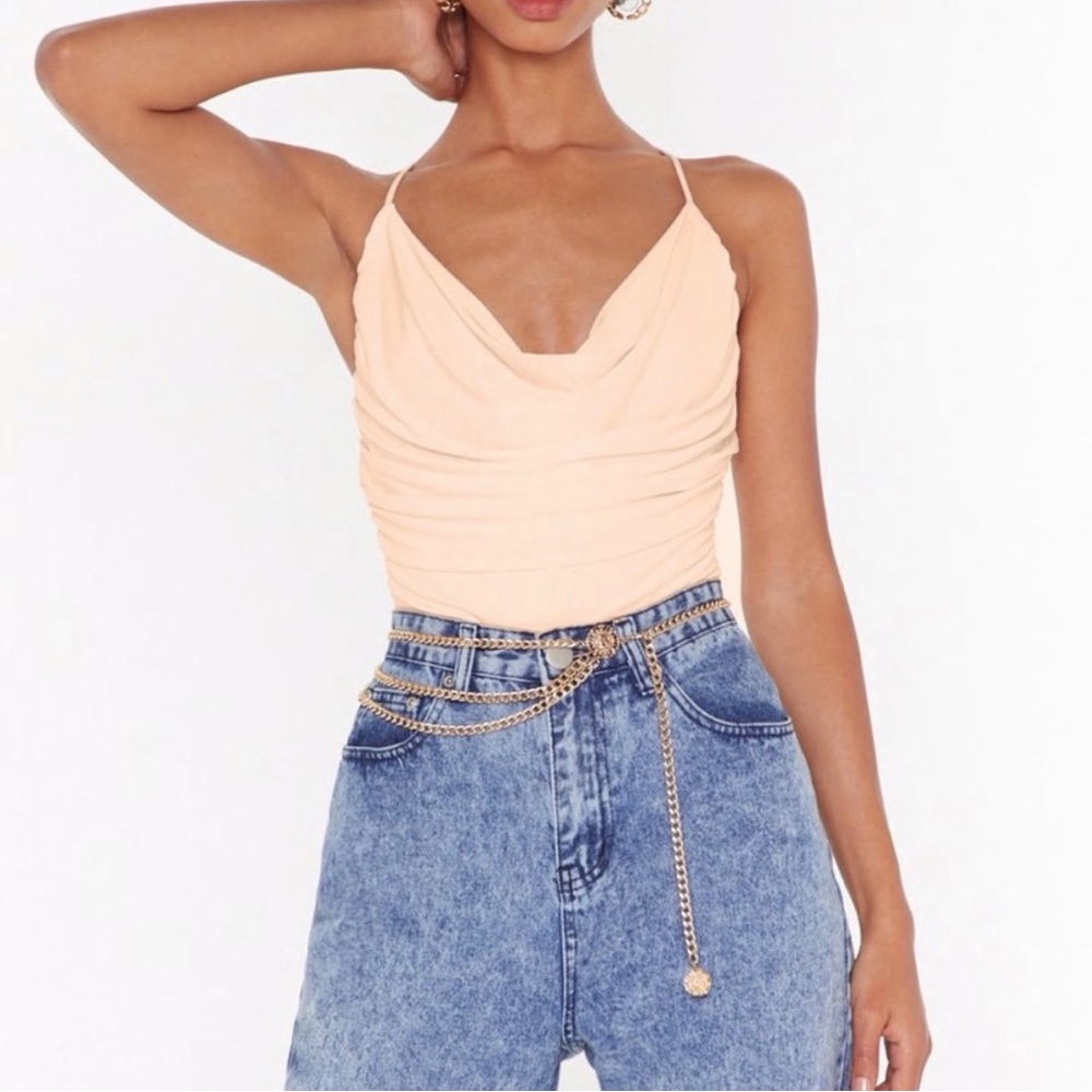 Nasty Gal Peach Cowl Neck Spaghetti Strap Bodysuit 0